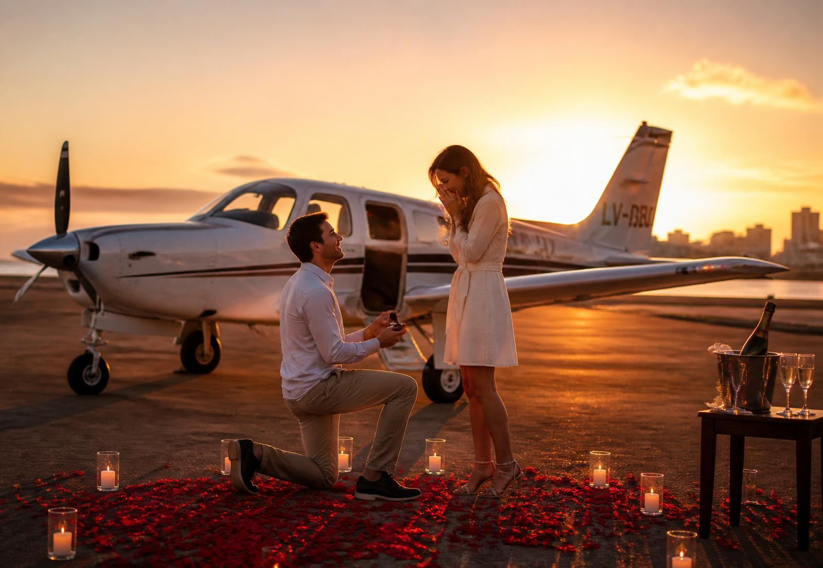 Propuesta de matrimonio con avioneta al atardecer